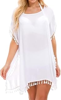 Beach Cover Up Dress, White Chiffon with Tass...